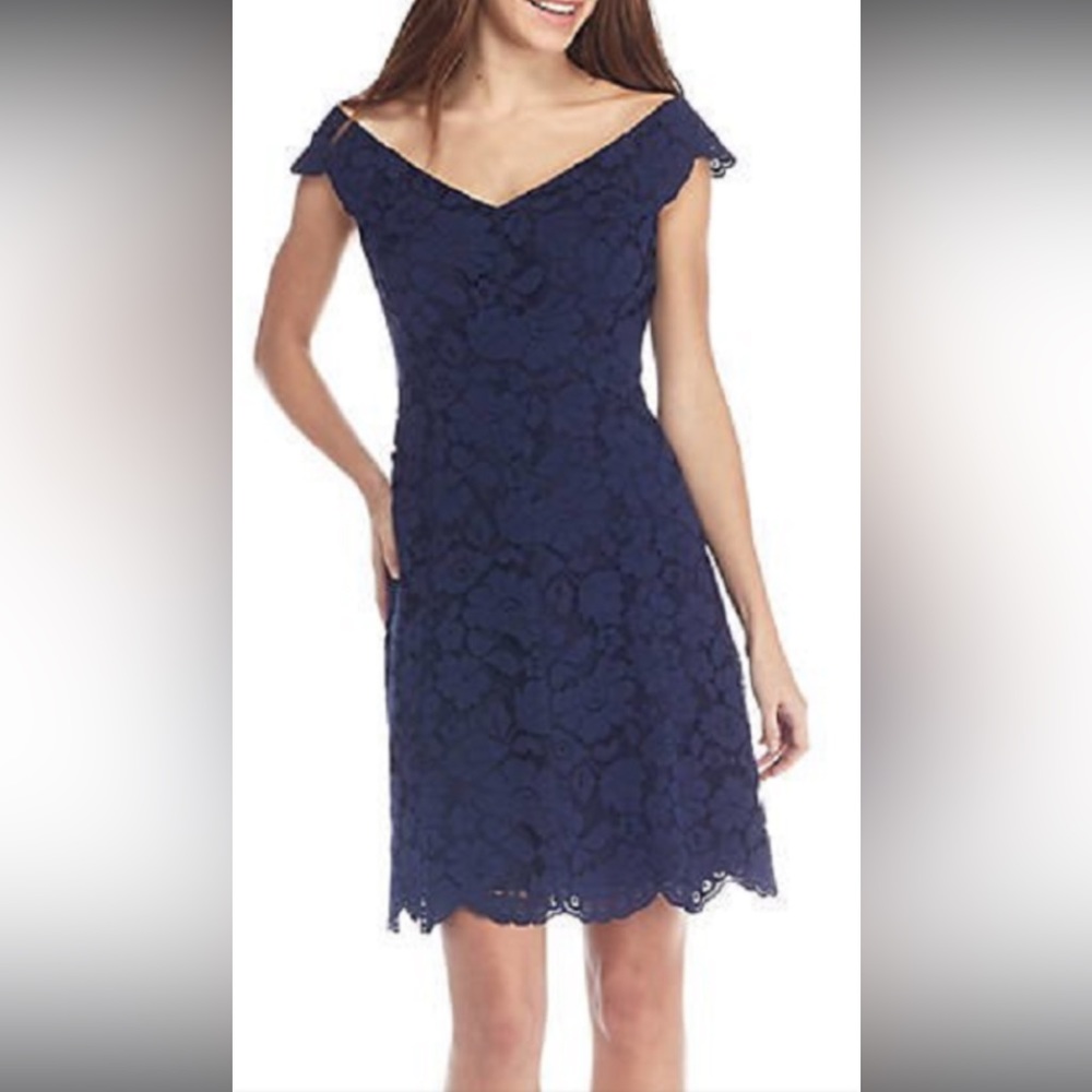 NWT Vince Camuto navy blue lace dress with v neck and back, Sz. 8.